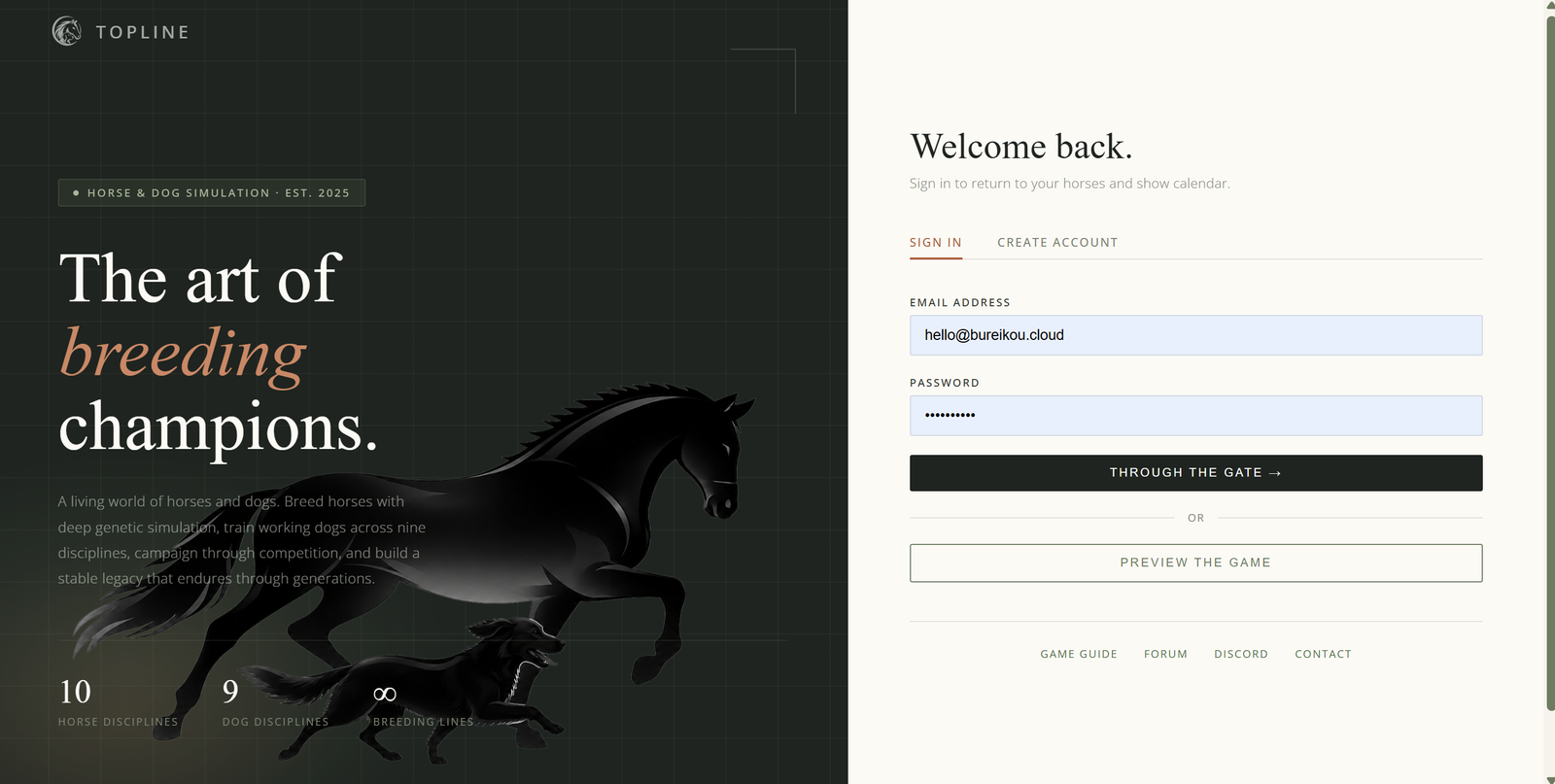 Topline horse and dog simulation game